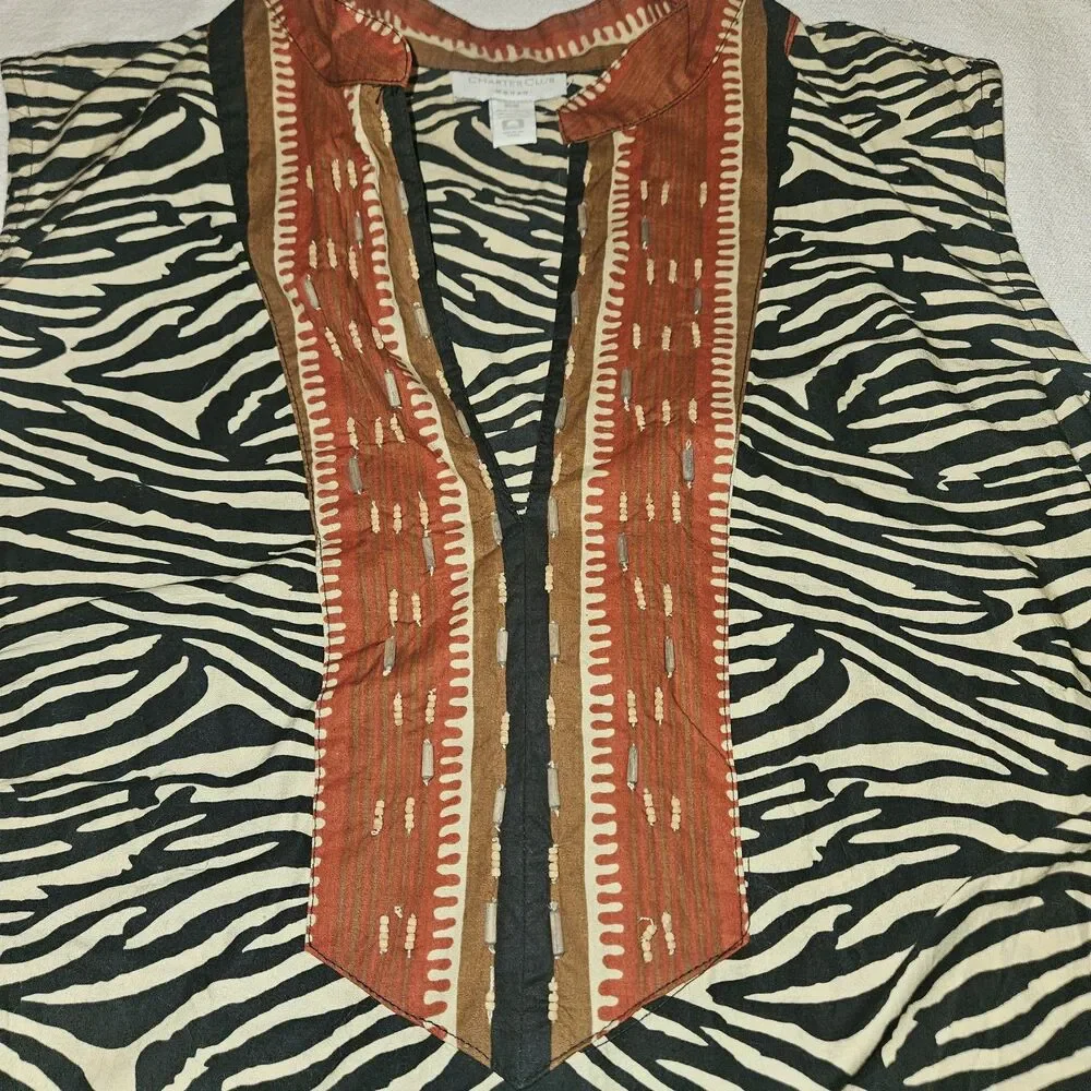 Charter Club Womens 16W Animal Print Tunic Embroidered Beaded Lightweight Cotton - Picture 2 of 8